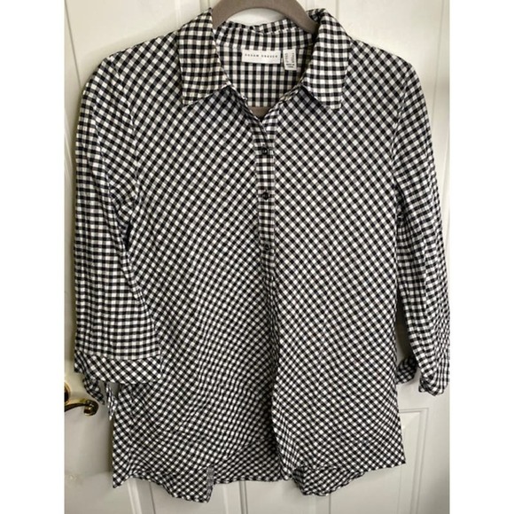 Susan Graver Regular Yarn Dyed Woven Button Front Shirt Black Check - Picture 1 of 5